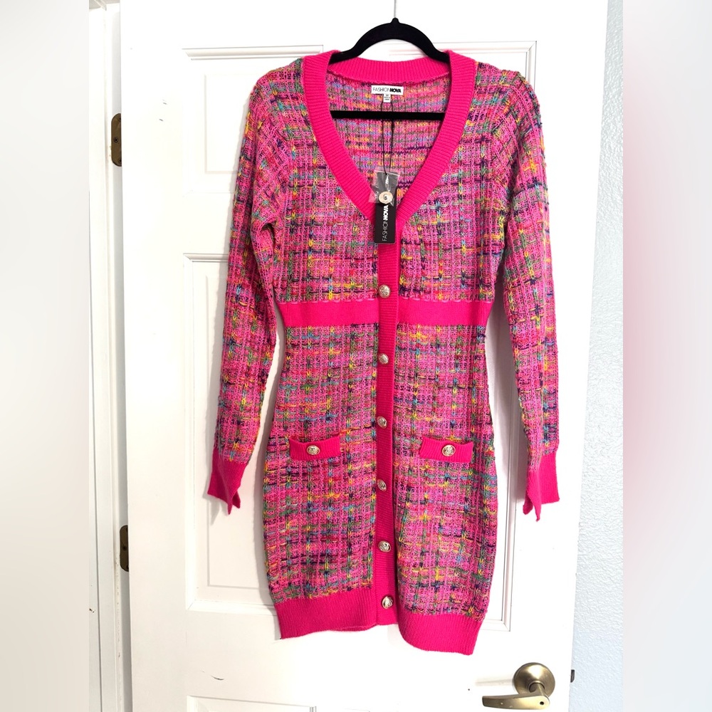 Hot Pink Tweed Dress with Gold Buttons